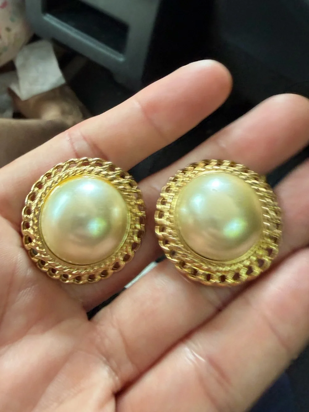 Vintage Classic Gold Tone Pearl Button Shoe Clips. I
